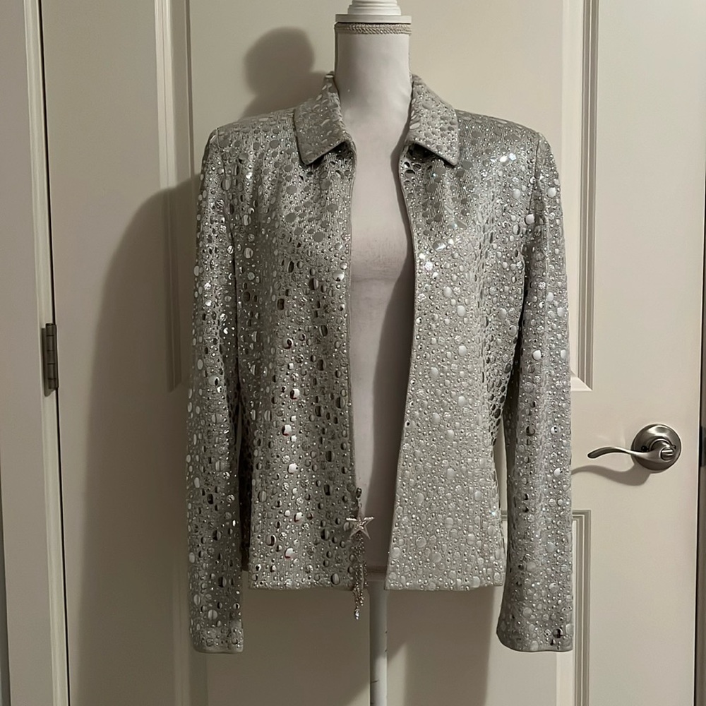 St. John Silver Sequin Embellished Blazer